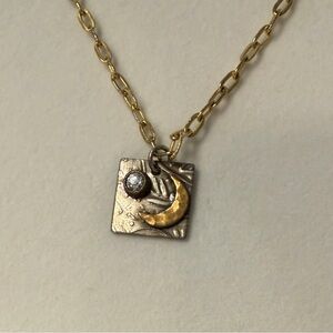 Gold and Silver Crescent Moon Pendant Necklace -